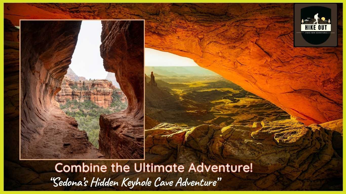 A scenic view through Sedona's keyhole cave opening, framing the red rock formations and green valley under golden light.