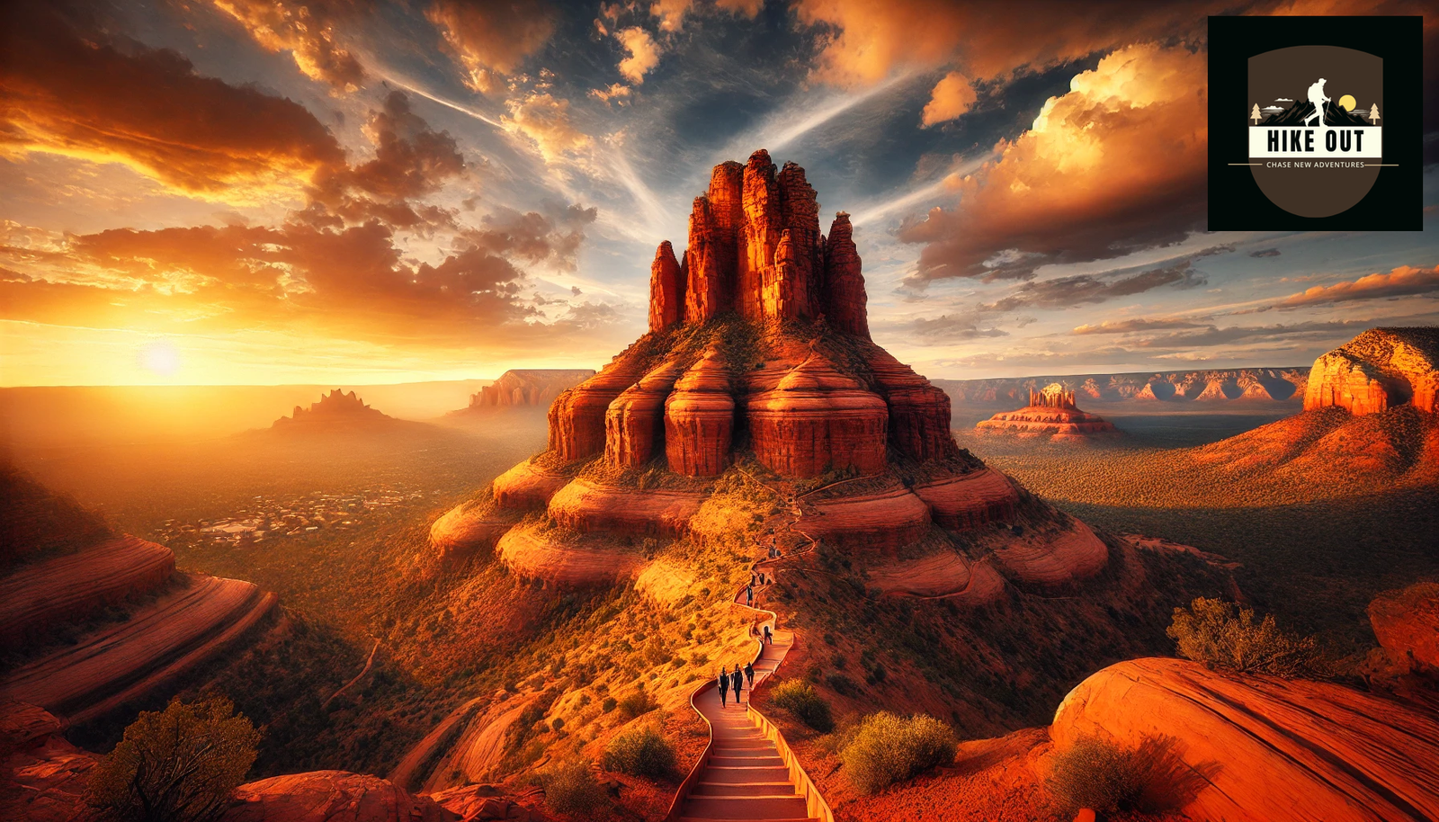 "A breathtaking view of Bell Rock in Sedona, Arizona, with its towering red rock formations under a golden sunset sky. The 4,919-foot (1,499-meter) elevation is highlighted with Courthouse Butte in the background. Hikers are seen making their way up the moderate climb, showcasing the rugged terrain and scenic overlooks. The HikeOut Adventure logo is placed in the top right corner for branding."
