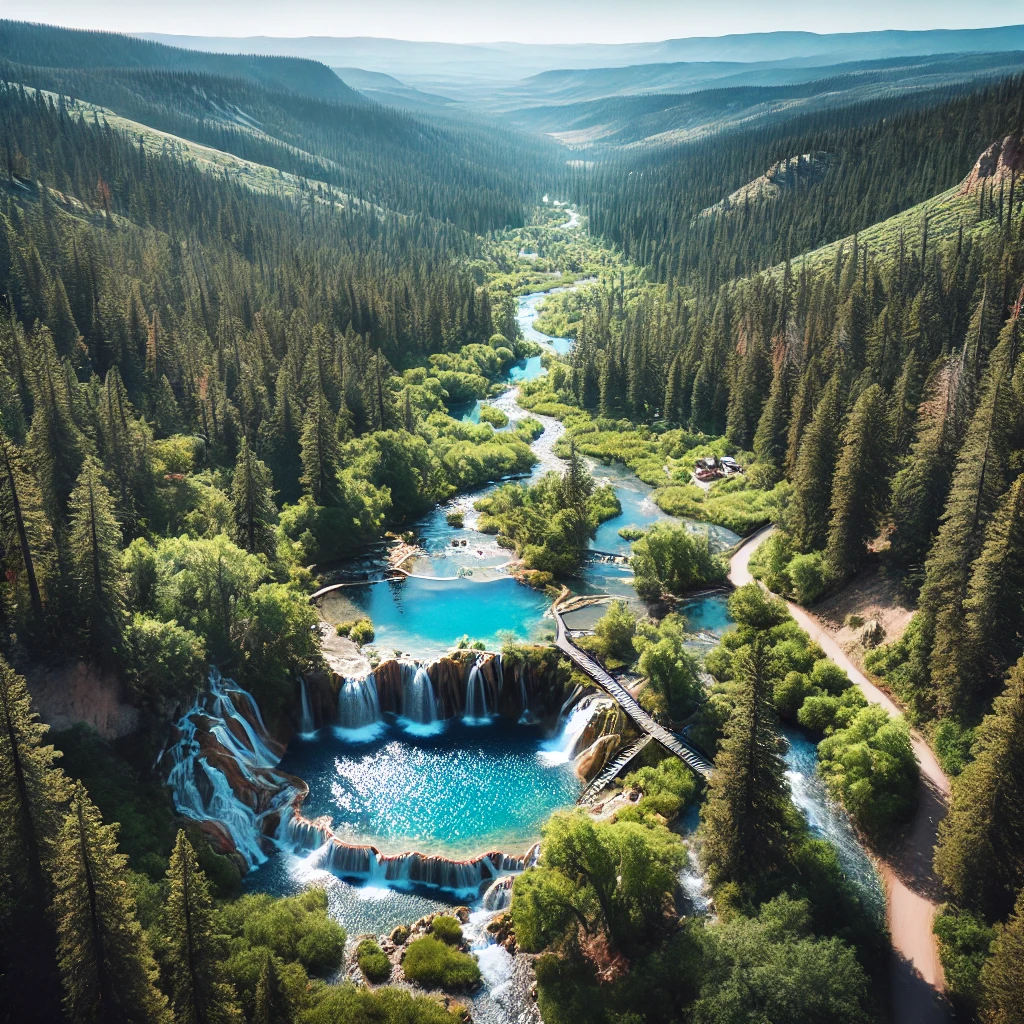 An aerial view of Fifth Water Hot Springs, Utah, highlighting the hot spring pools and surrounding landscape.