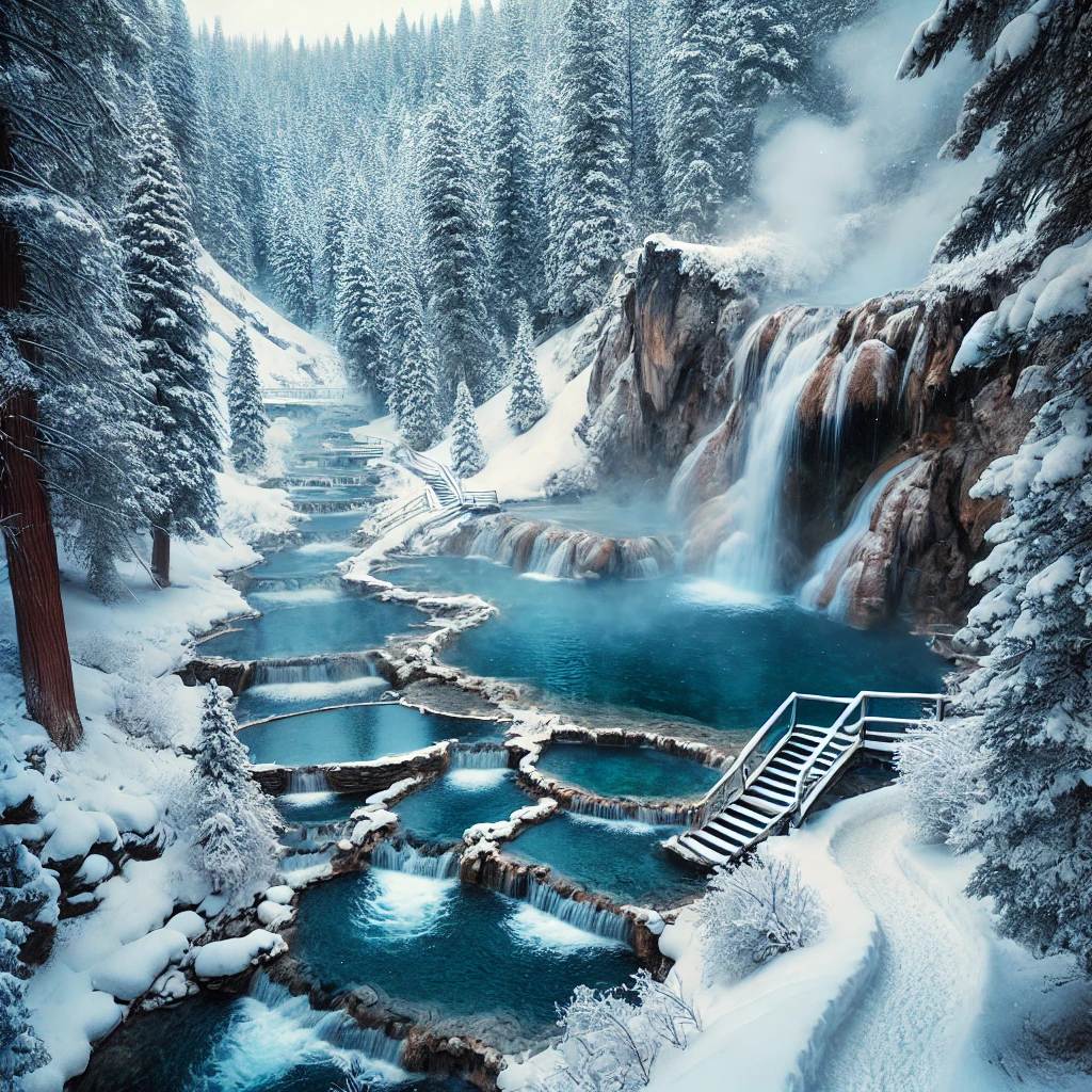 A winter wonderland scene at Fifth Water Hot Springs Trail with snow-covered trails and steaming hot spring pools.