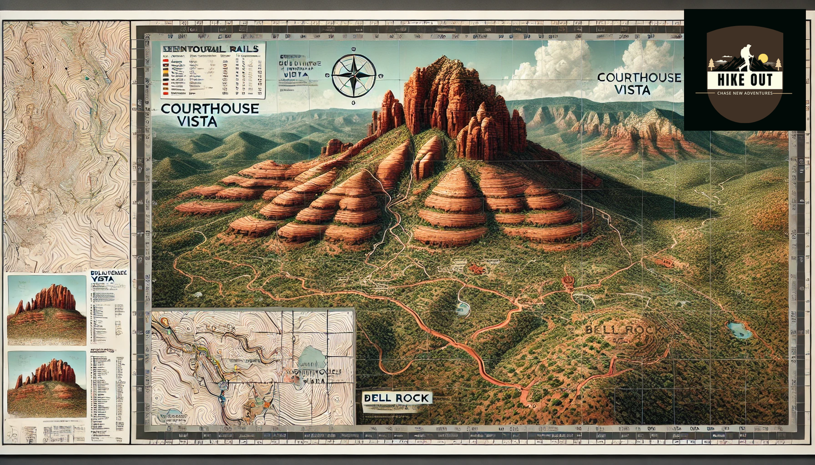"A detailed and realistic topographic map of Bell Rock in Sedona, Arizona. The map highlights key hiking trails, including Bell Rock Trailhead, Courthouse Vista, and major pathways. Contour lines show elevation changes, with clear labels for important landmarks like the Upper Slide Area and the summit spire. The legend, scale, and directional compass ensure accurate navigation. The natural color scheme represents the red rock terrain and desert vegetation. The HikeOut Adventure logo is placed in the top right corner for branding."