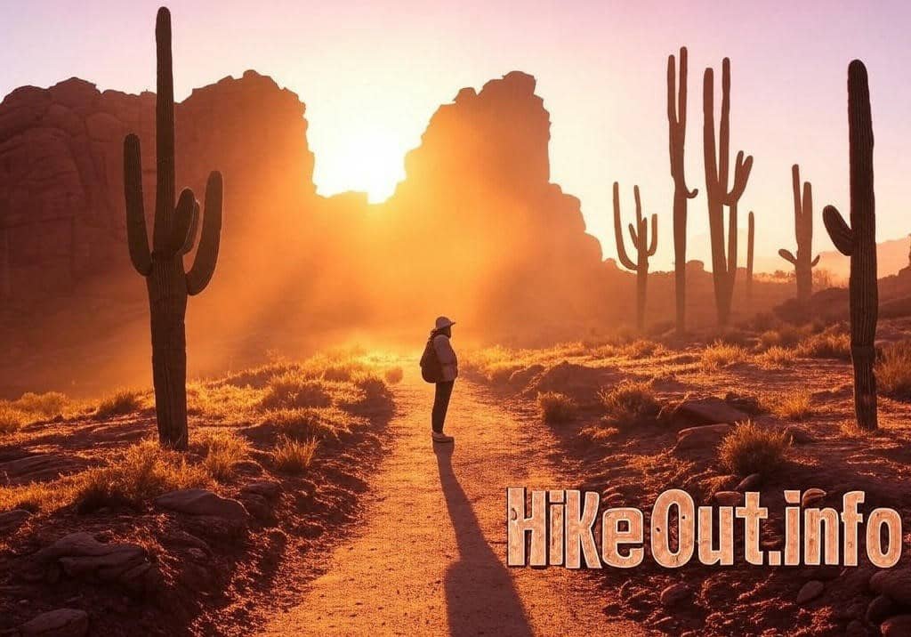 "Hualapai Hilltop sunrise for Beaver Falls Hike Havasupai, quiet trail start with HikeOut.info branding."