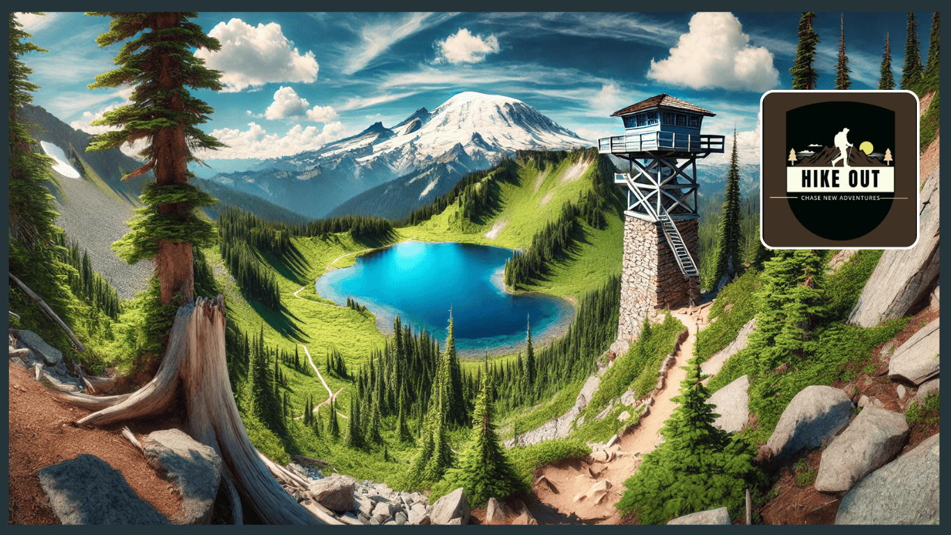 "A breathtaking aerial view of Tolmie Peak Lookout in Mount Rainier National Park, featuring the deep blue Eunice Lake, lush alpine meadows, and the historic fire tower under a clear sky."