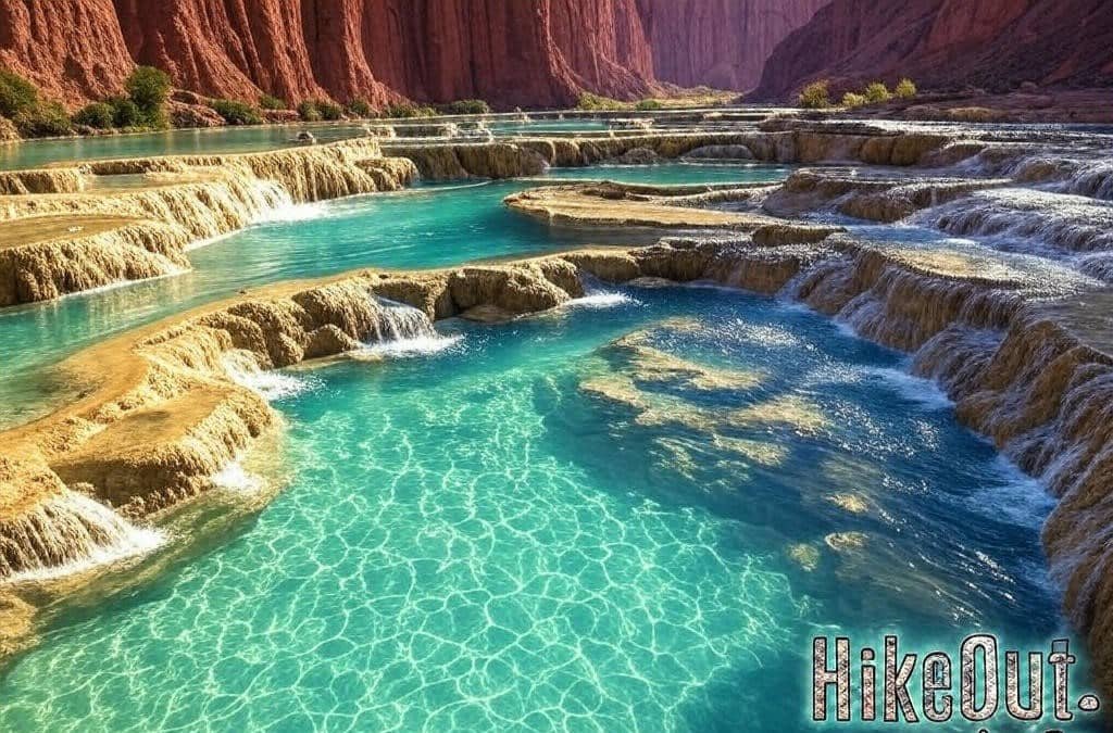 "Beaver Falls Havasupai turquoise terraces, quiet Arizona waterfall with HikeOut.info branding."