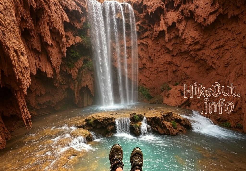 "Mooney Falls chains descent on Beaver Falls Hike Havasupai, safety focus with HikeOut.info branding."