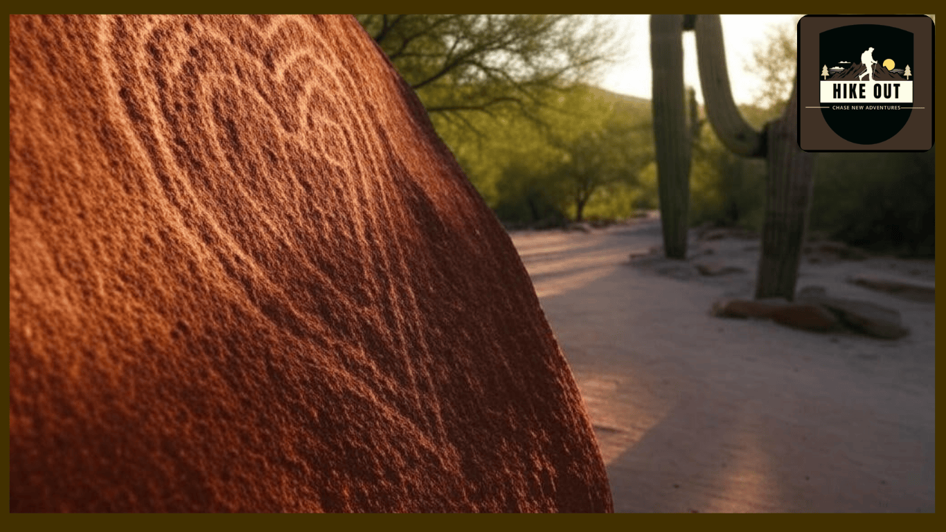 "Heart petroglyph at Hidden Valley Loop Hike Arizona near a saguaro cactus, highlighting the trail’s historical finds and shady path."