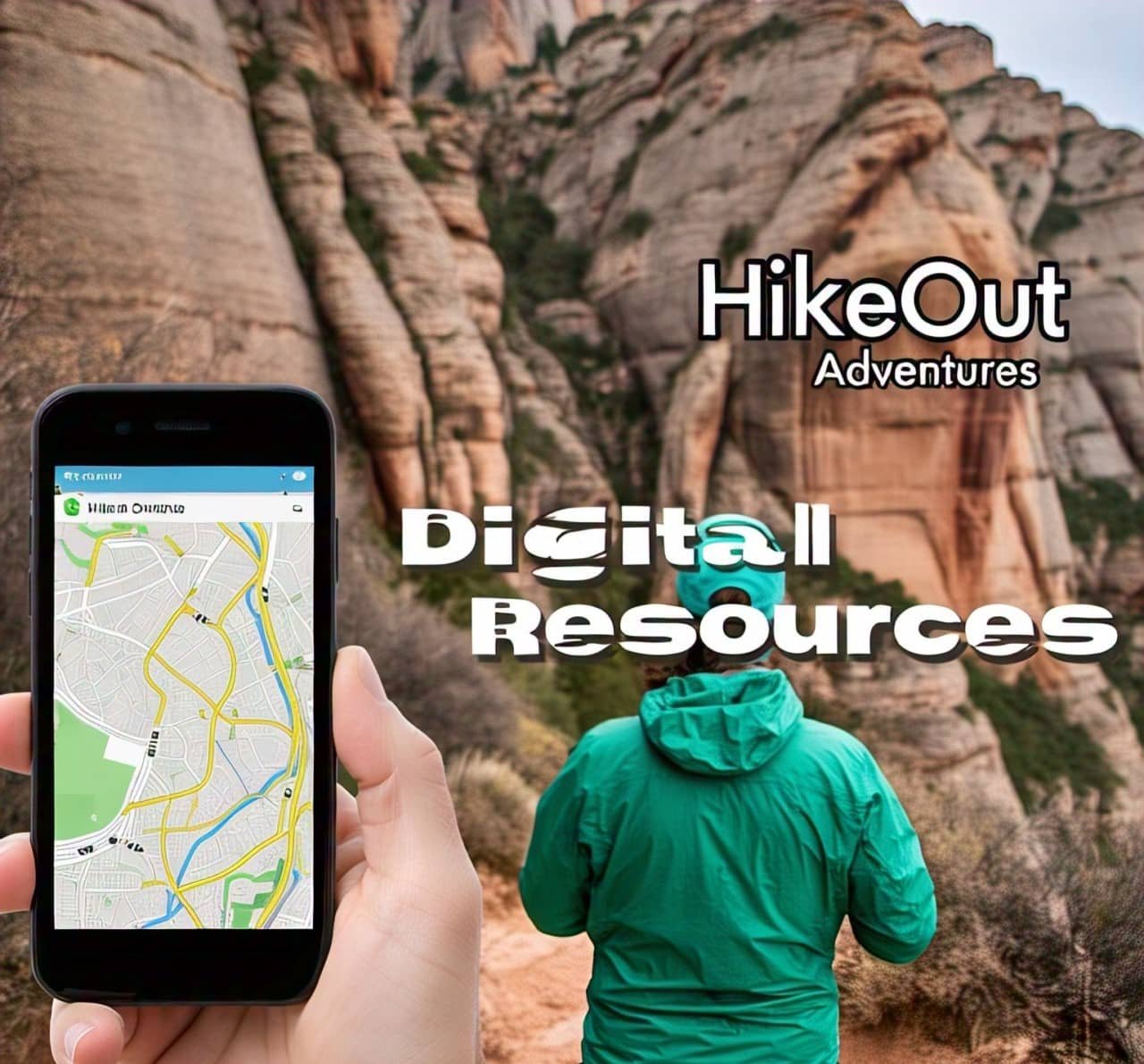 Hiker using trail app at Doe Mountain trailhead with Sedona red rocks.