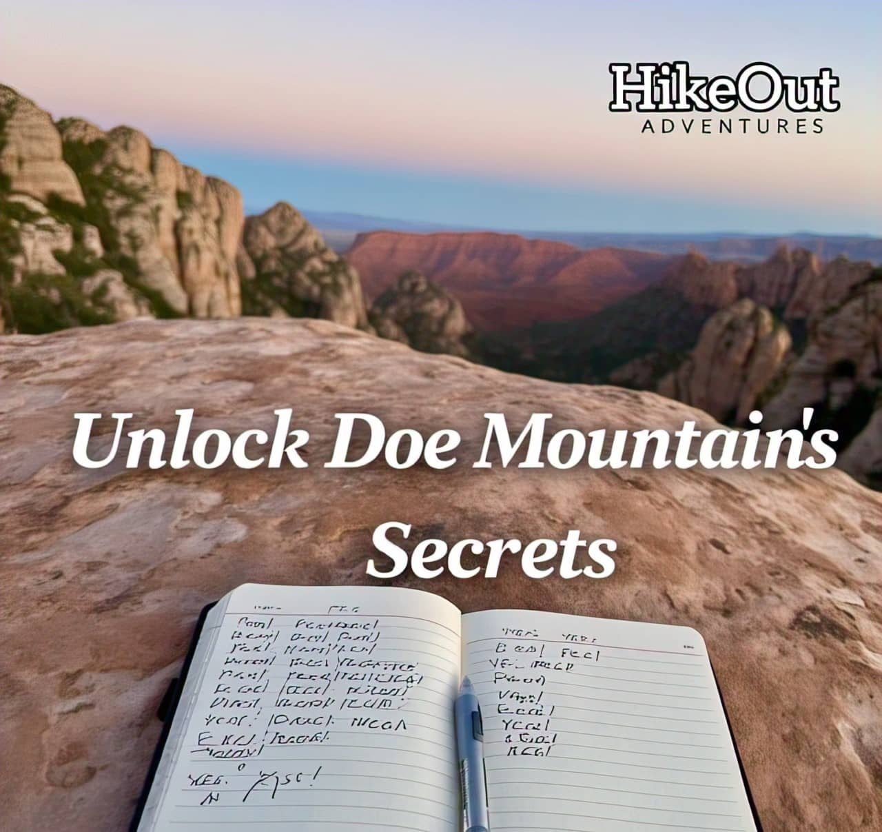 Hiker’s journal with Doe Mountain Q&A notes on Sedona summit with red rocks.