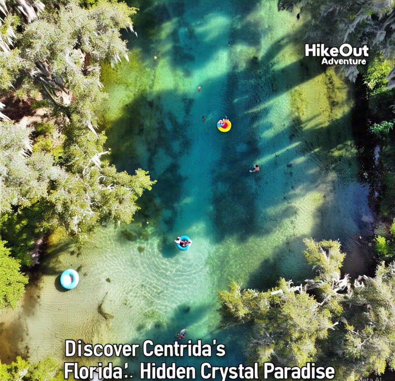 "Aerial view of the crystal-clear waters at Rock Springs Run in Kelly Park, Florida, with colorful tubes floating on the transparent turquoise spring water surrounded by lush vegetation"