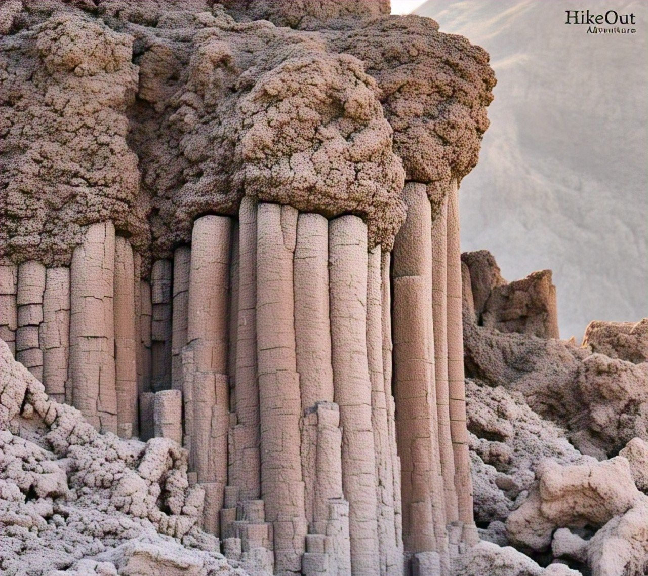 Close-up of Crowley Lake's columnar basalt formations showing regular horizontal cracks and detailed rock textures