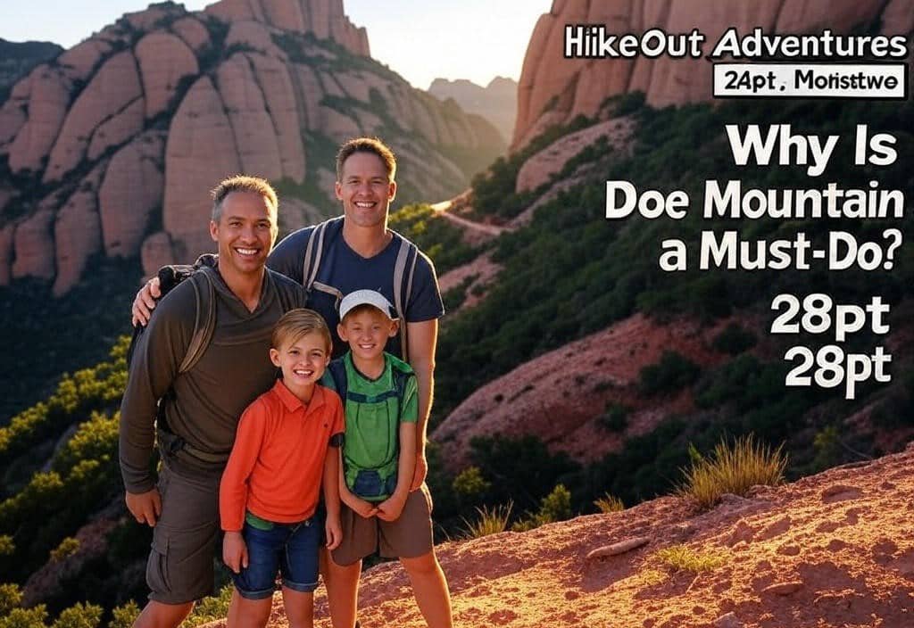 Family hiking Doe Mountain Sedona trail at golden hour with red rock scenery.