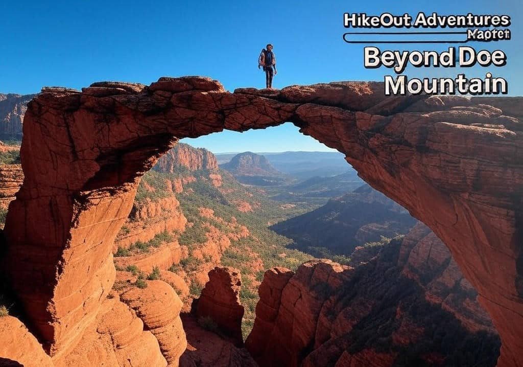 Hiker on Devil’s Bridge near Doe Mountain with red rock Sedona landscape.