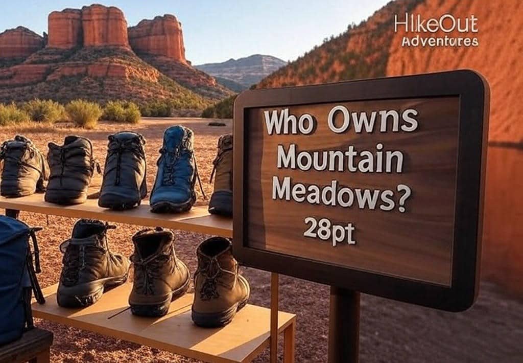 Mountain High Outfitters gear display with Sedona view near Doe Mountain.