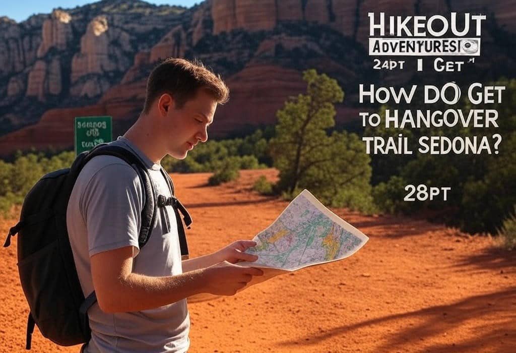 Hiker with map at Hangover Trail trailhead near Doe Mountain in Sedona.
