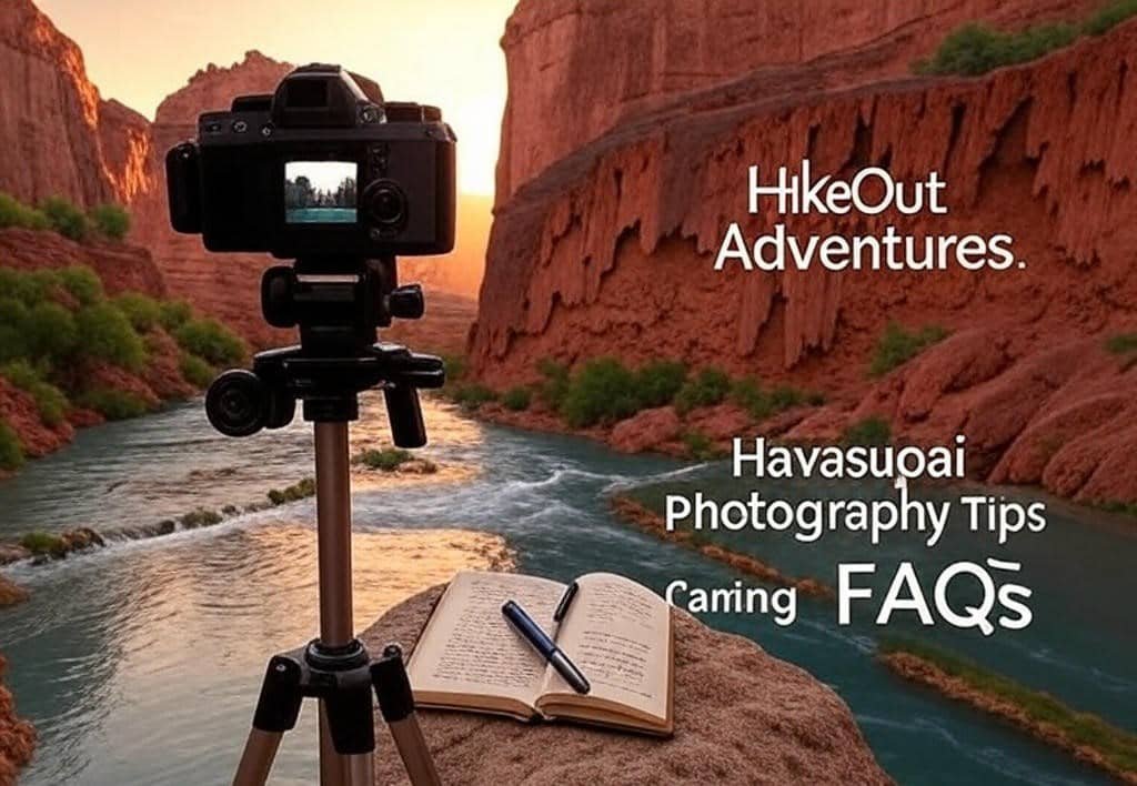 Camera capturing Havasu Falls, branded with HikeOut Adventures and Havasupai Photography Tips.