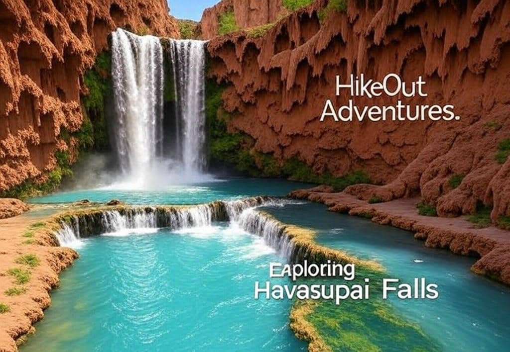 Mooney Falls with turquoise cascade, branded with HikeOut Adventures and Exploring Havasupai Falls.