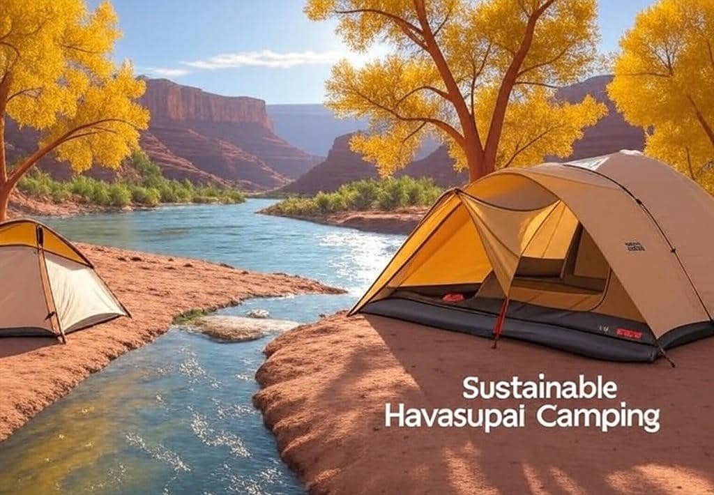 Tent under cottonwoods at Havasupai campground, branded with HikeOut Adventures and Sustainable Havasupai Camping.