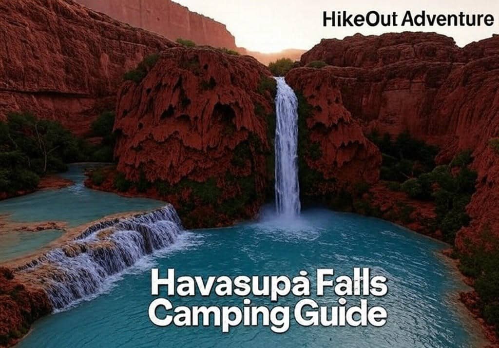 Havasu Falls at sunrise with turquoise water and red cliffs, branded with HikeOut Adventures and Havasupai Falls Camping Guide.