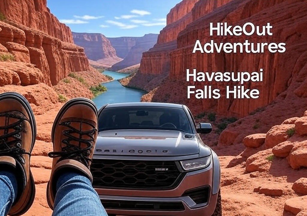 Havasupai trail with red cliffs and turquoise water, branded with HikeOut Adventures and Havasupai Falls Hike.