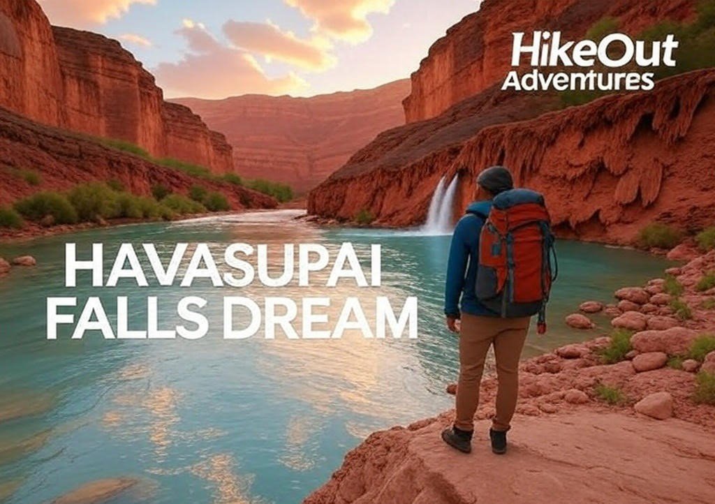 Hiker at Havasu Falls at sunset, branded with HikeOut Adventures and Havasupai Falls Dream.