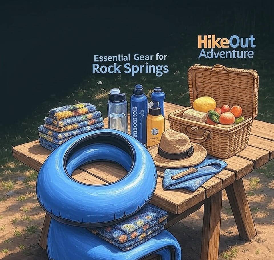 "Overhead view of essential tubing gear for Rock Springs including inner tube, water shoes, eco-friendly sunscreen, and waterproof accessories on a wooden picnic table"